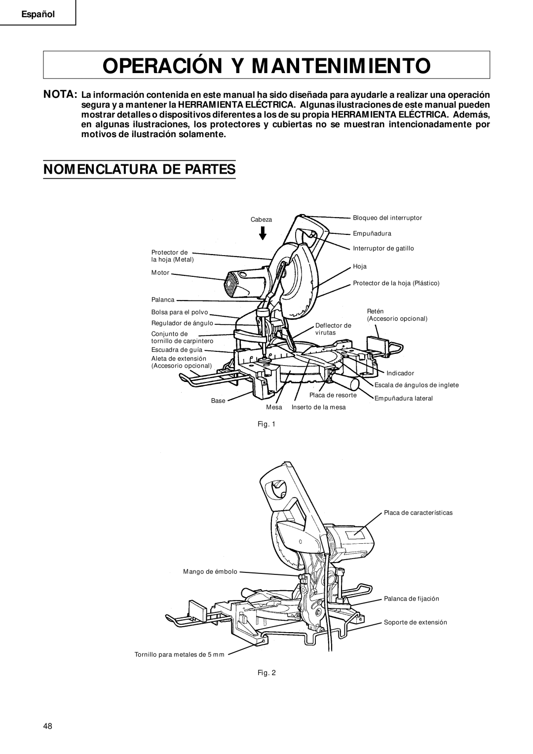 Hitachi C 10FCD instruction manual Operación Y Mantenimiento, Nomenclatura DE Partes 