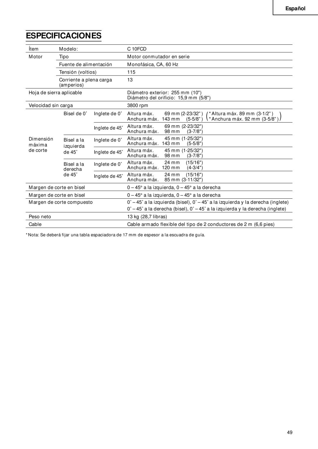 Hitachi C 10FCD instruction manual Especificaciones 