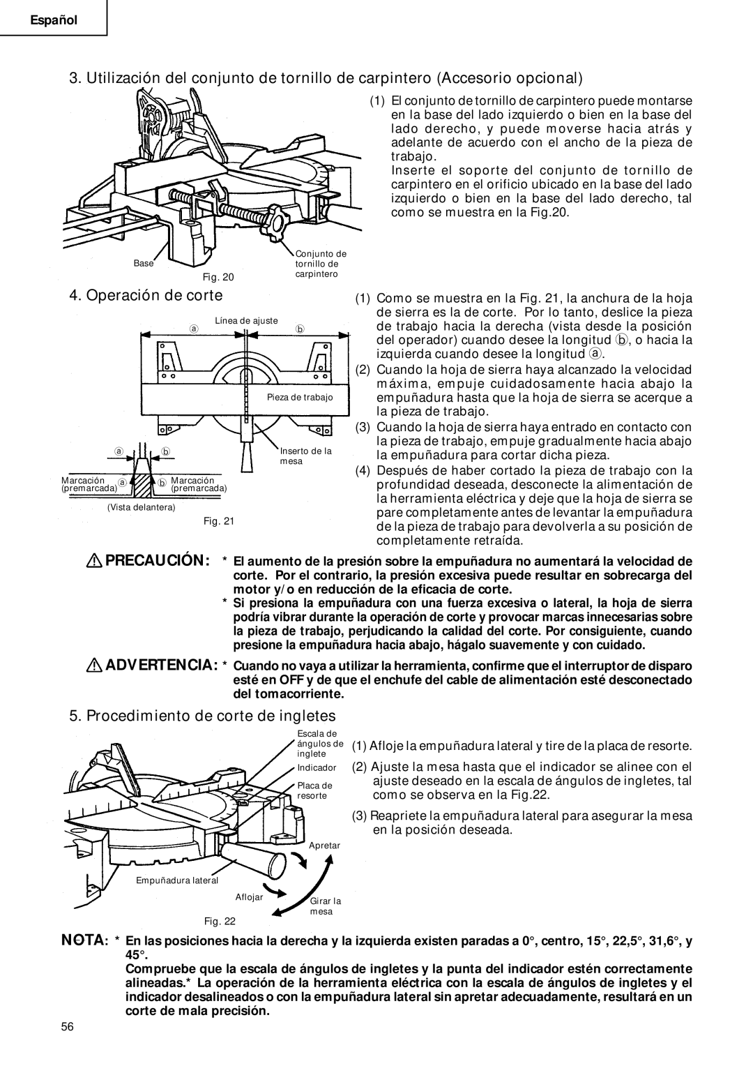 Hitachi C 10FCD instruction manual Operación de corte, Procedimiento de corte de ingletes 