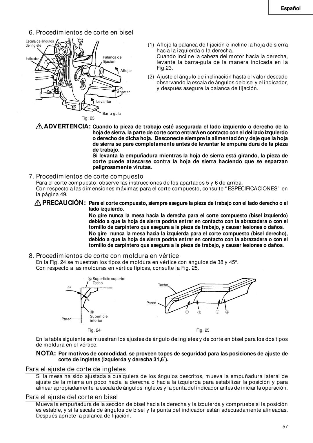 Hitachi C 10FCD Procedimientos de corte en bisel, Procedimientos de corte compuesto, Para el ajuste de corte de ingletes 