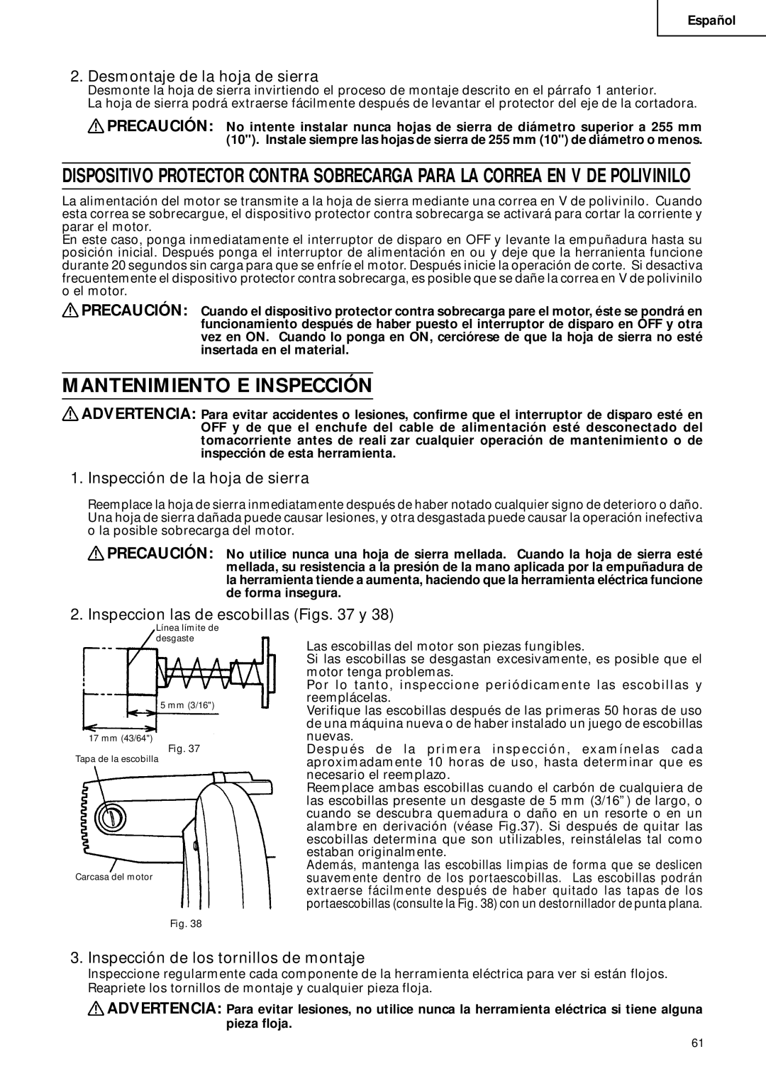 Hitachi C 10FCD Mantenimiento E Inspección, Desmontaje de la hoja de sierra, Inspección de la hoja de sierra 