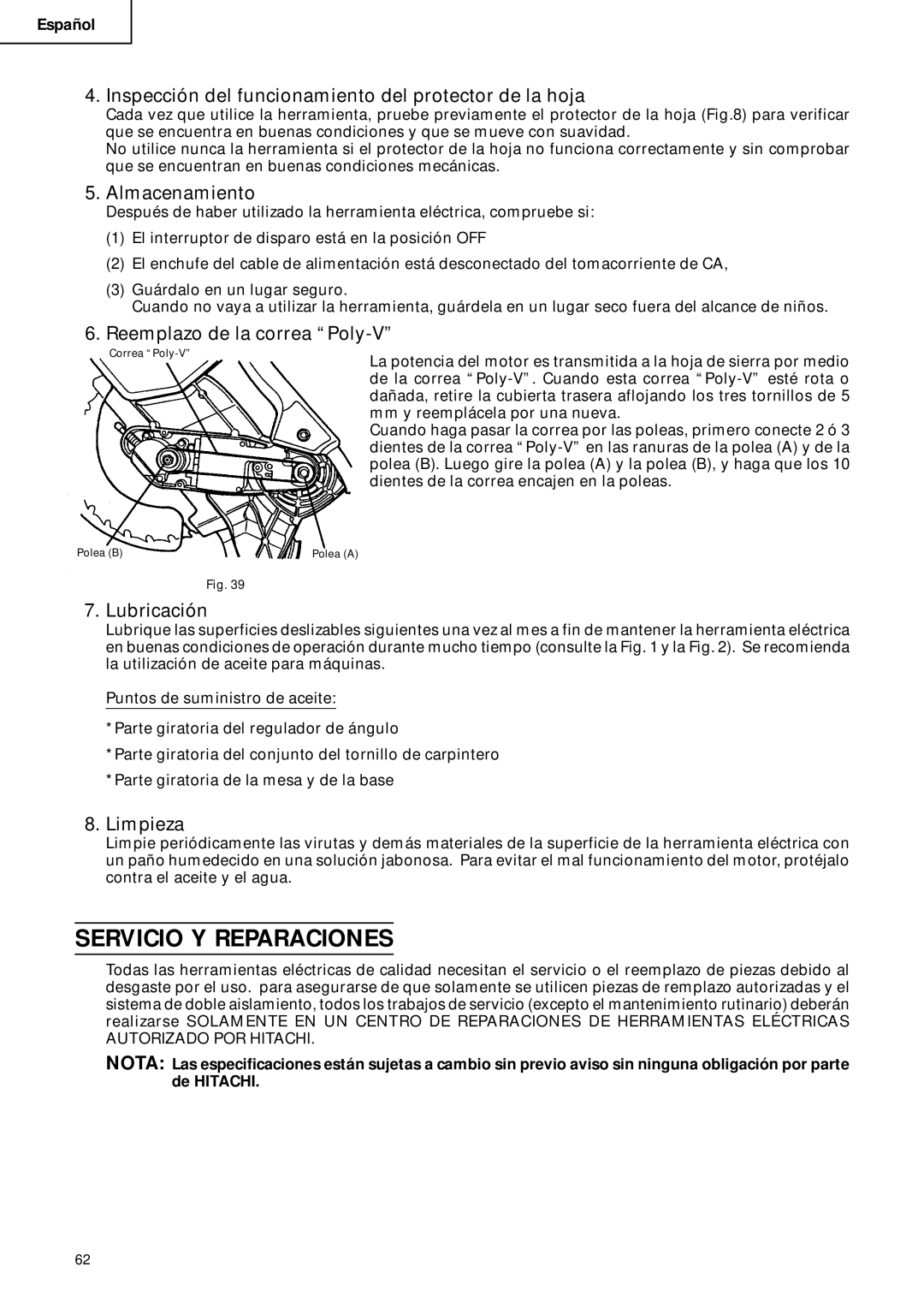 Hitachi C 10FCD instruction manual Servicio Y Reparaciones 