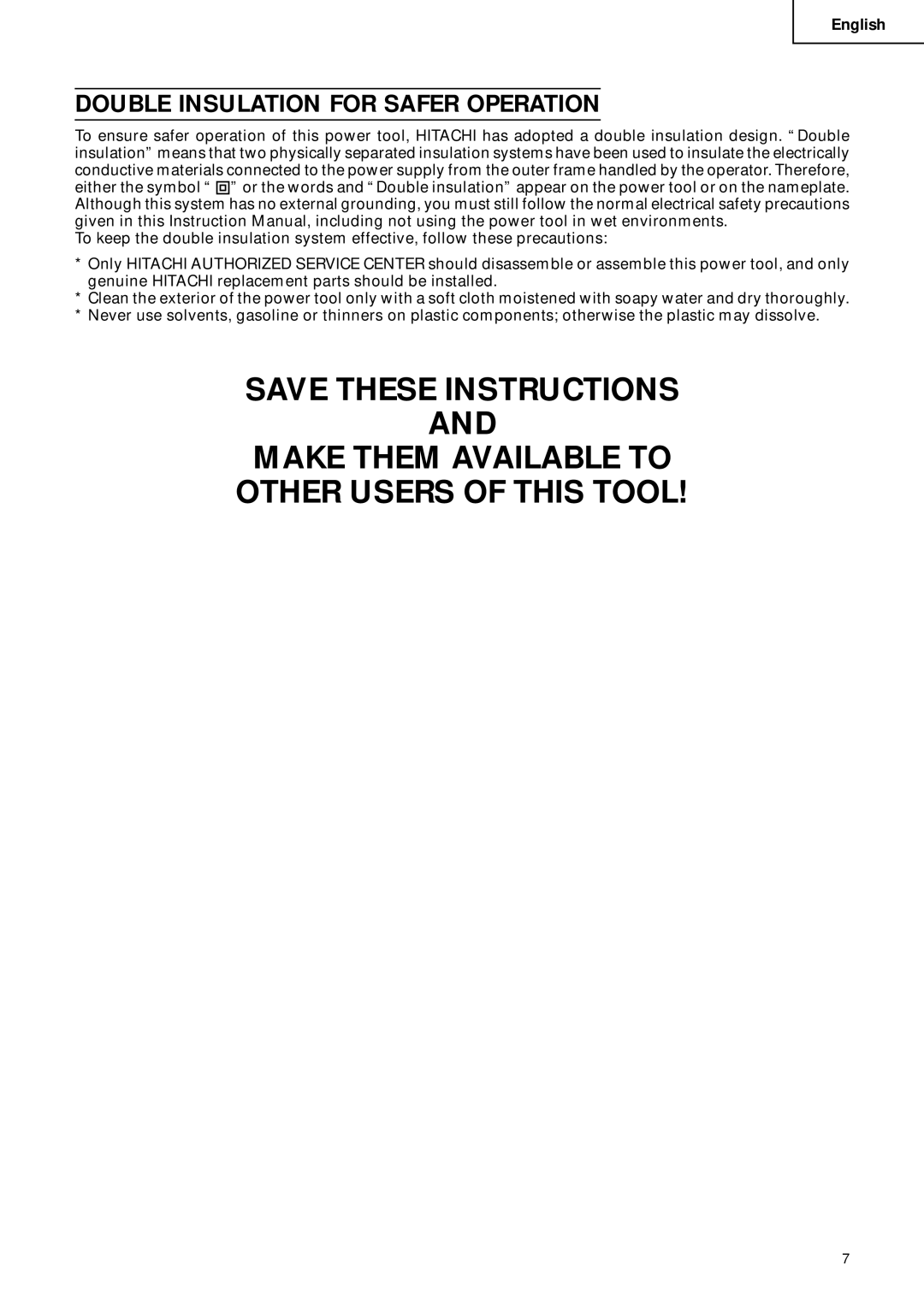 Hitachi C 10FCD instruction manual Double Insulation for Safer Operation 