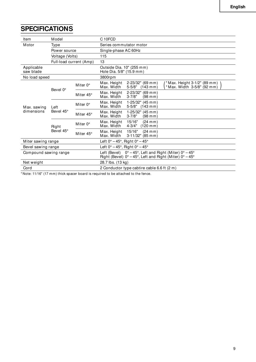 Hitachi C 10FCD instruction manual Specifications 