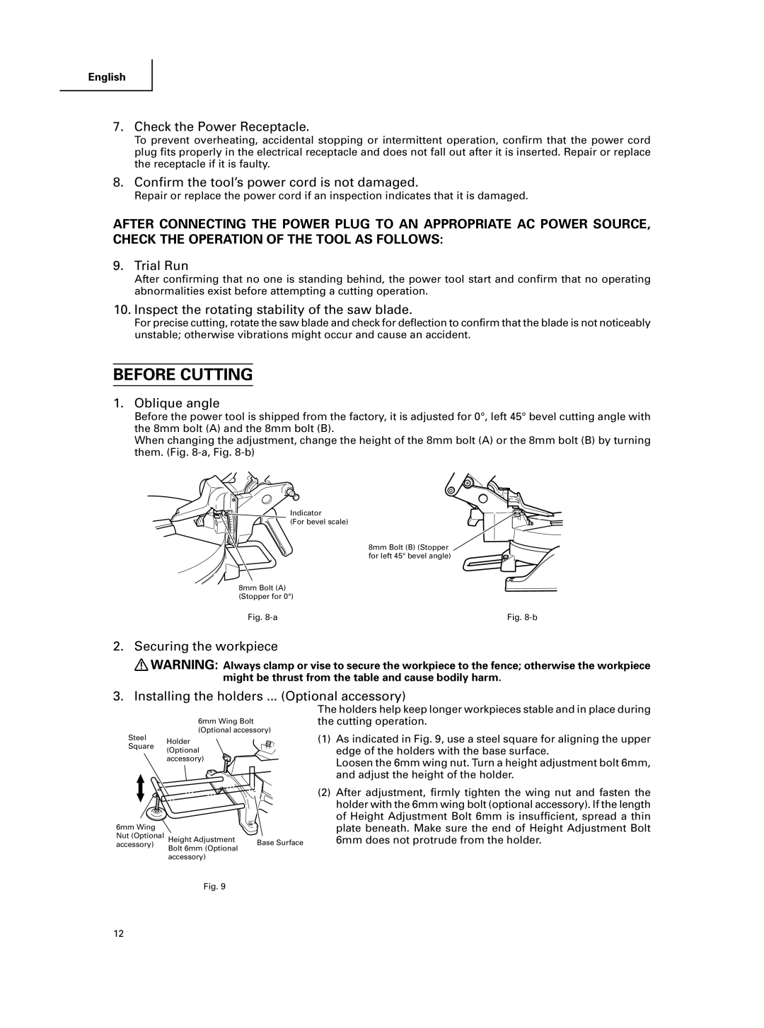 Hitachi C 10FCE instruction manual Before Cutting 