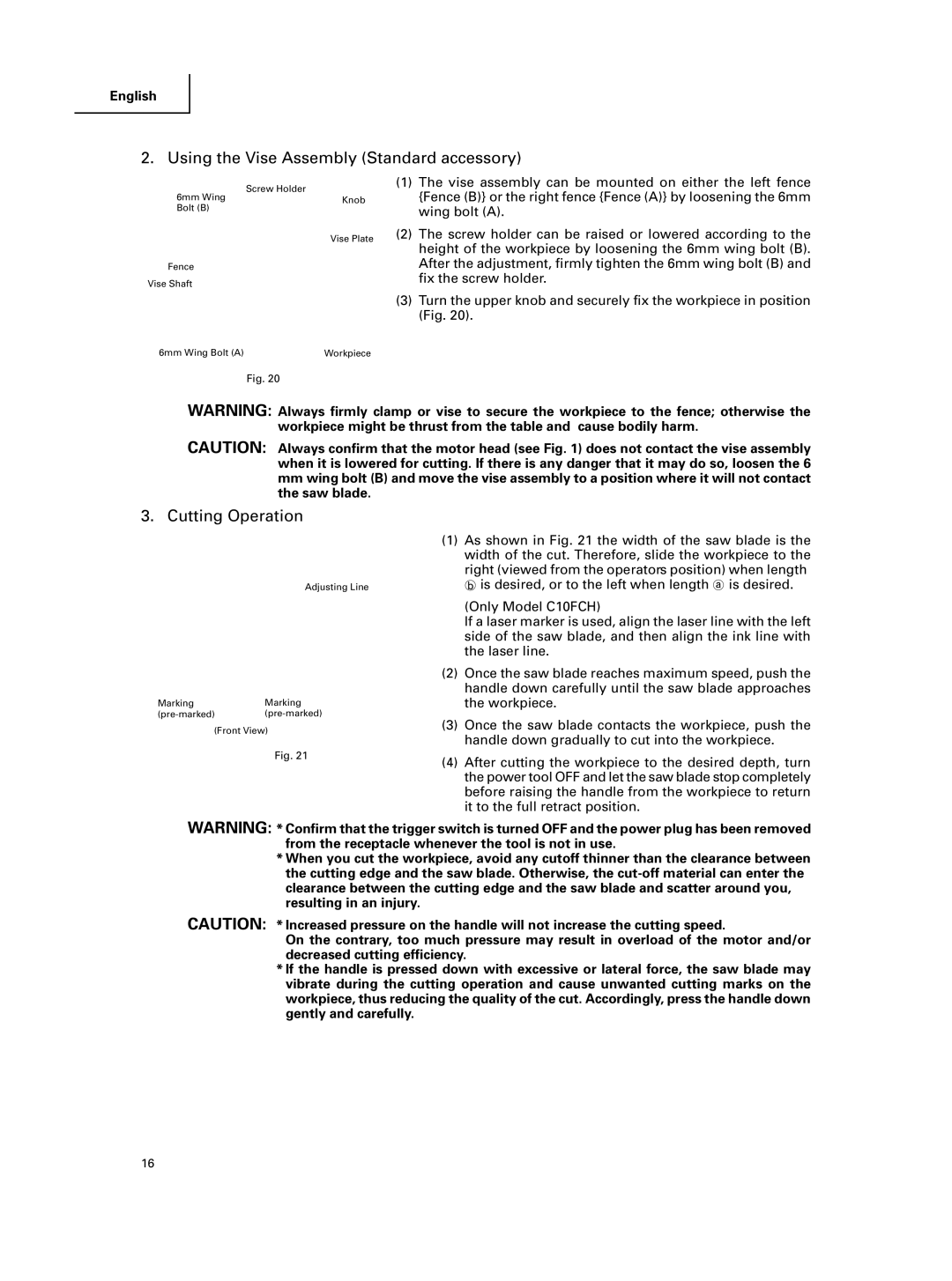 Hitachi C 10FCE instruction manual Using the Vise Assembly Standard accessory, Cutting Operation 