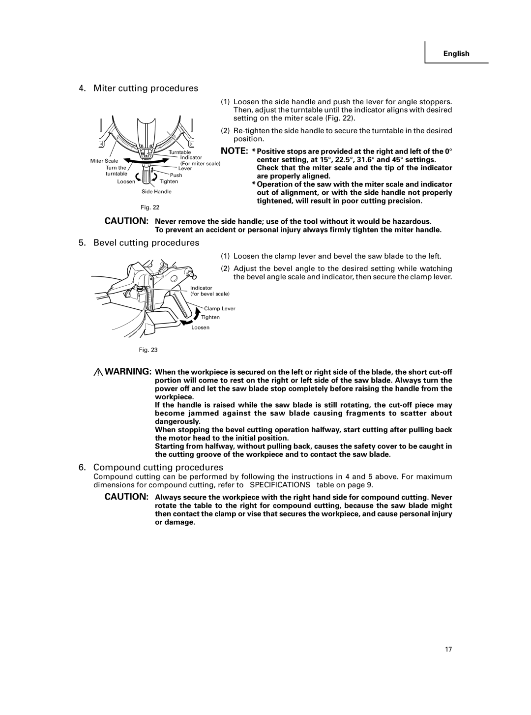 Hitachi C 10FCE instruction manual Miter cutting procedures, Bevel cutting procedures, Compound cutting procedures 