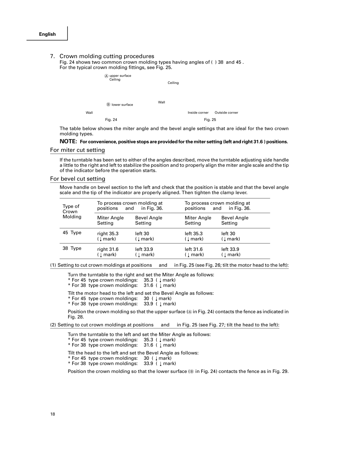 Hitachi C 10FCE instruction manual Crown molding cutting procedures, For miter cut setting, For bevel cut setting 