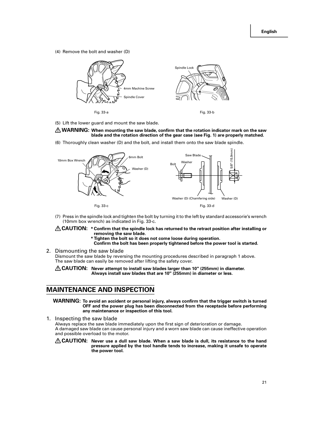 Hitachi C 10FCE instruction manual Maintenance and Inspection, Dismounting the saw blade, Inspecting the saw blade 