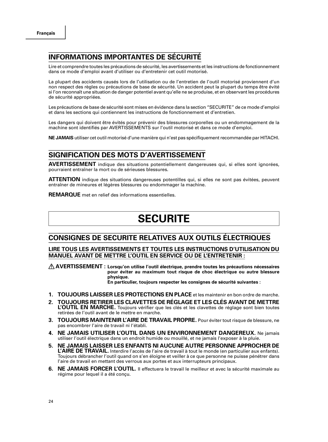 Hitachi C 10FCE instruction manual Informations Importantes DE Sécurité, Signification DES Mots D’AVERTISSEMENT 