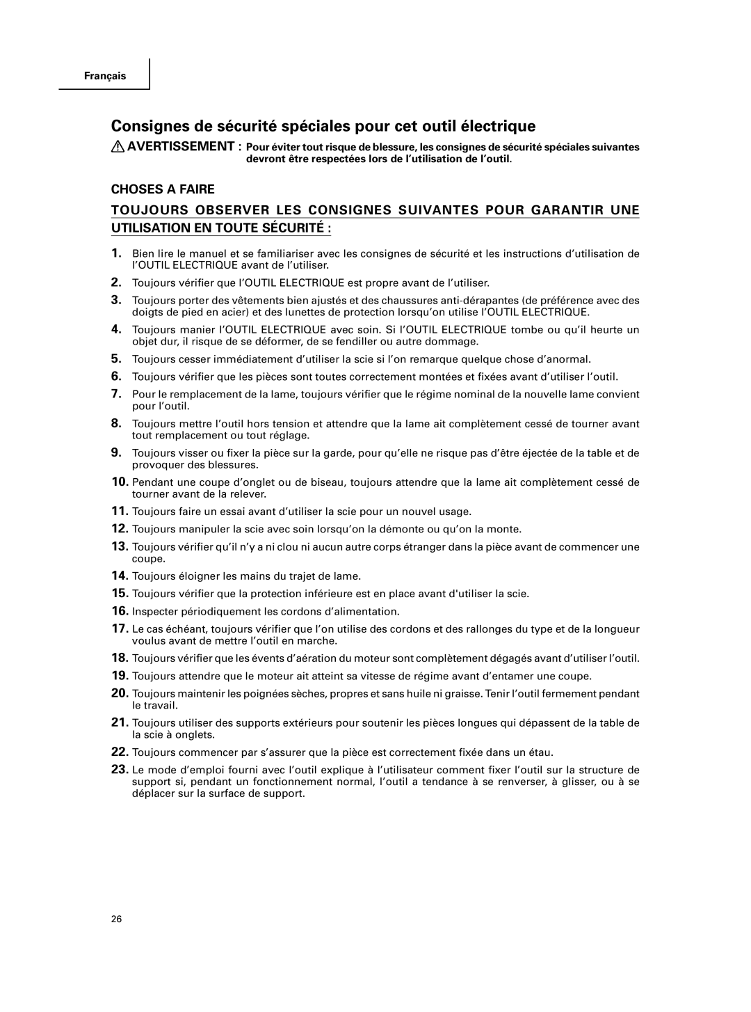 Hitachi C 10FCE instruction manual Consignes de sécurité spéciales pour cet outil électrique 