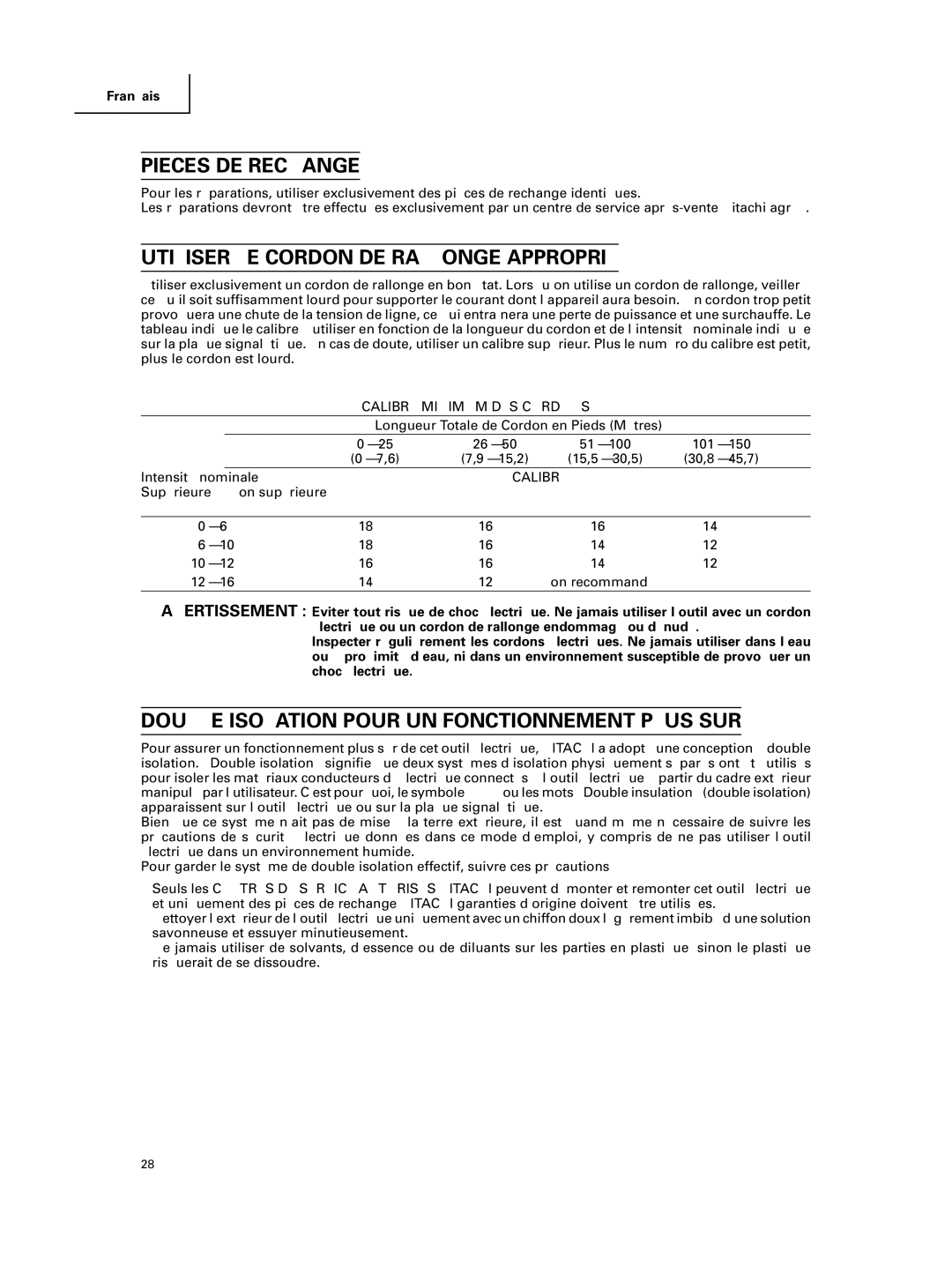 Hitachi C 10FCE instruction manual Pieces DE Rechange, Utiliser LE Cordon DE Rallonge Approprié 