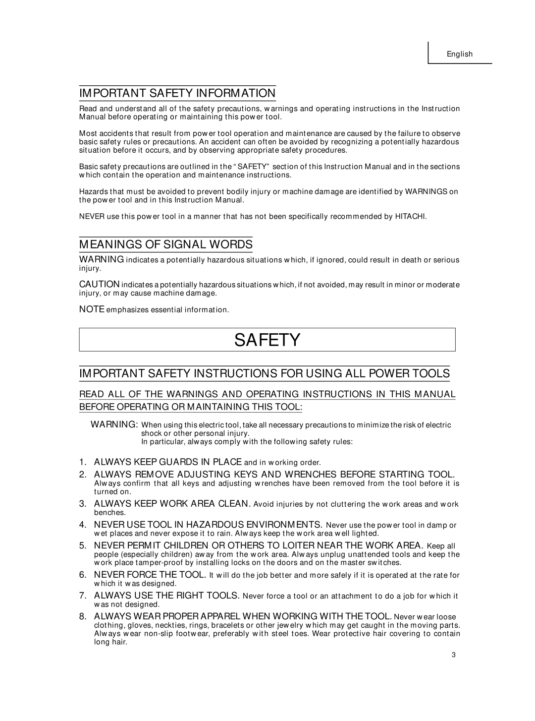 Hitachi C 10FCE instruction manual Important Safety Information, Meanings of Signal Words 