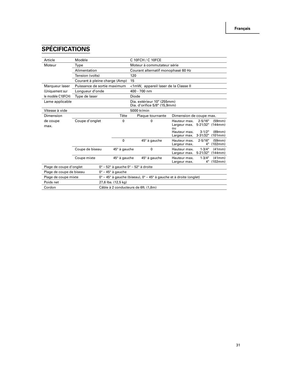 Hitachi C 10FCE instruction manual Spécifications 