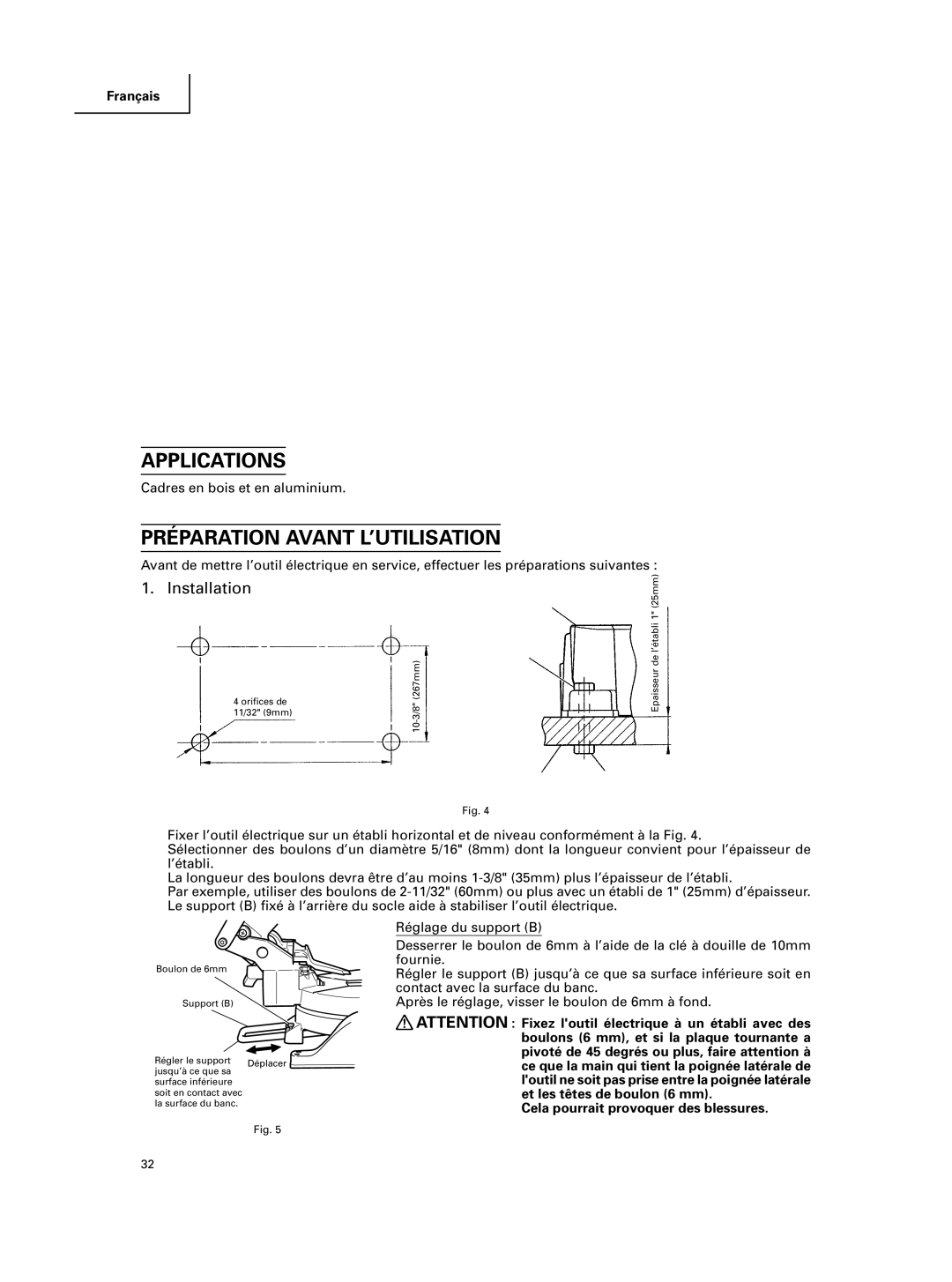 Hitachi C 10FCE instruction manual Applications, Préparation Avant L’UTILISATION 