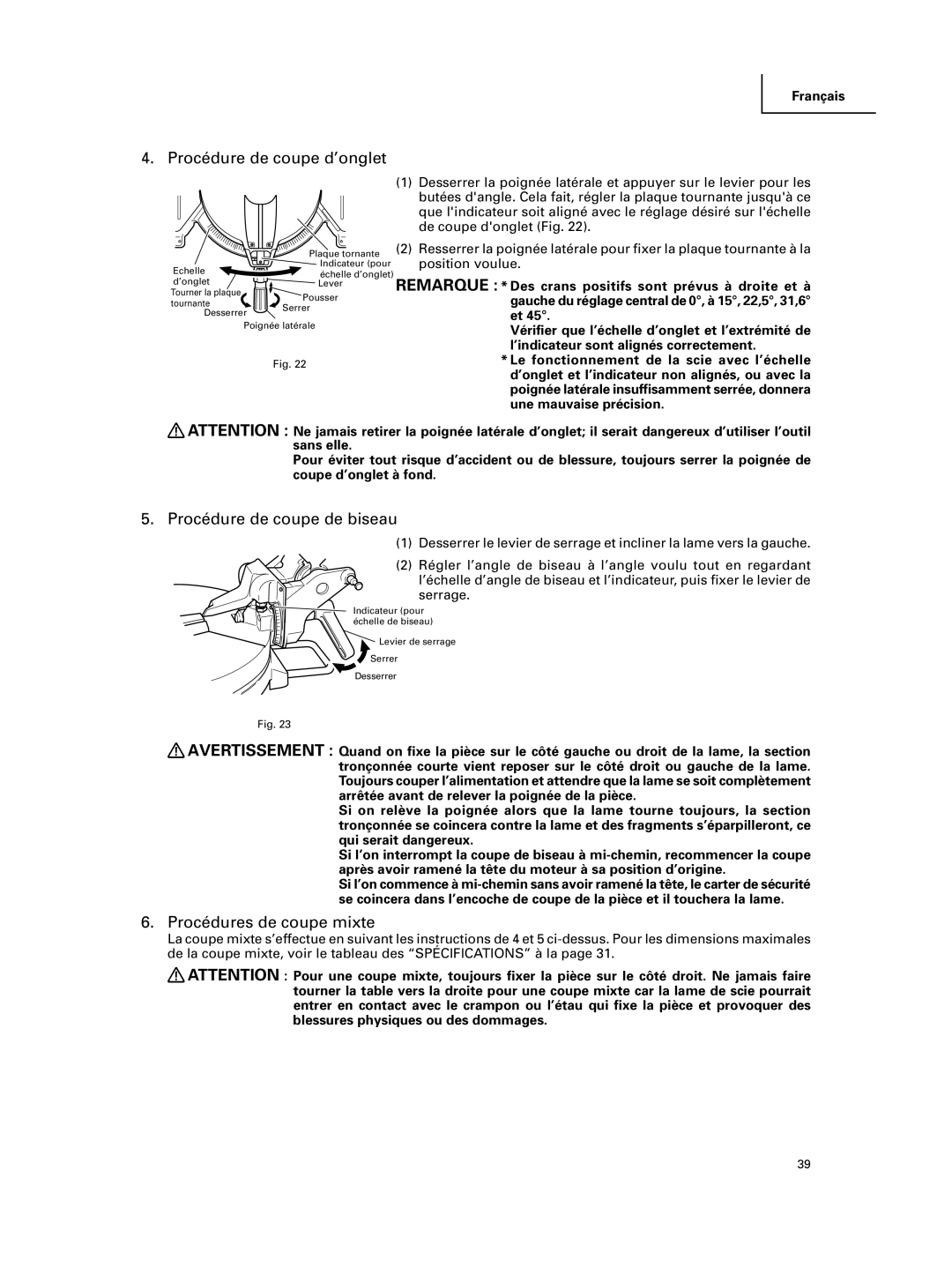 Hitachi C 10FCE instruction manual Procédure de coupe d’onglet, Procédure de coupe de biseau, Procédures de coupe mixte 