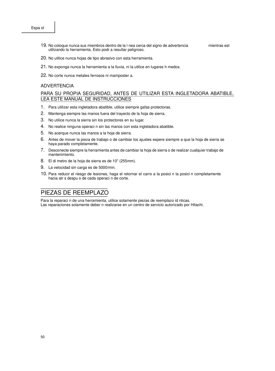 Hitachi C 10FCE instruction manual Piezas DE Reemplazo 