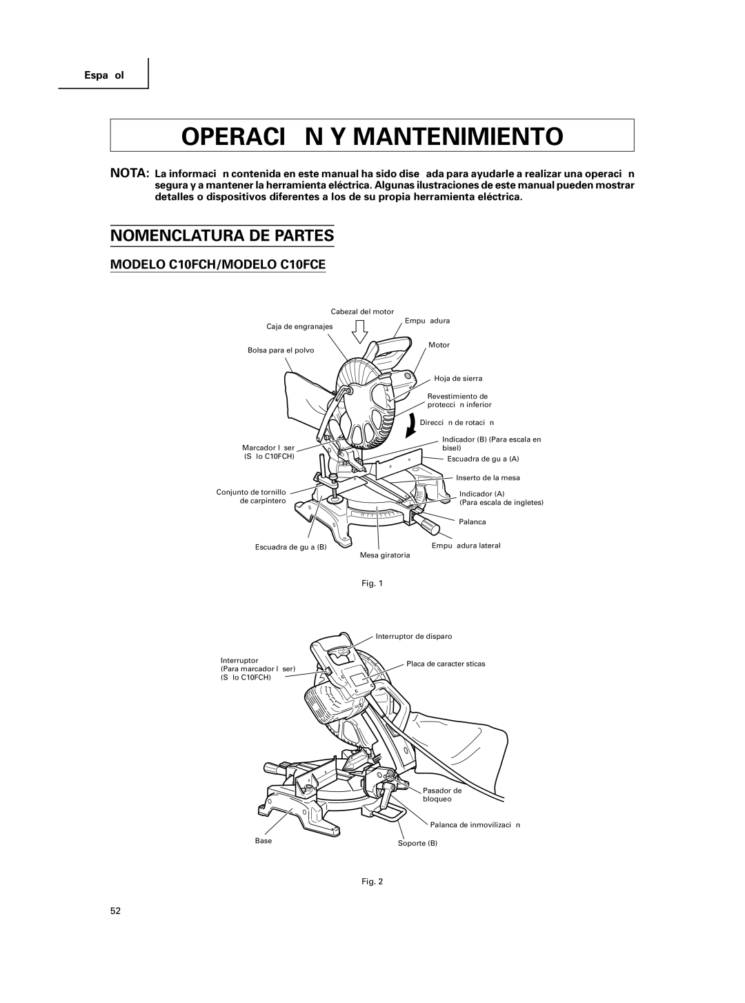 Hitachi C 10FCE instruction manual Operación Y Mantenimiento, Nomenclatura DE Partes 