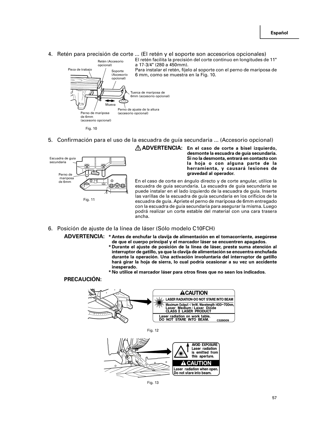 Hitachi C 10FCE Posición de ajuste de la línea de láser Sólo modelo C10FCH, Mm, como se muestra en la Fig 