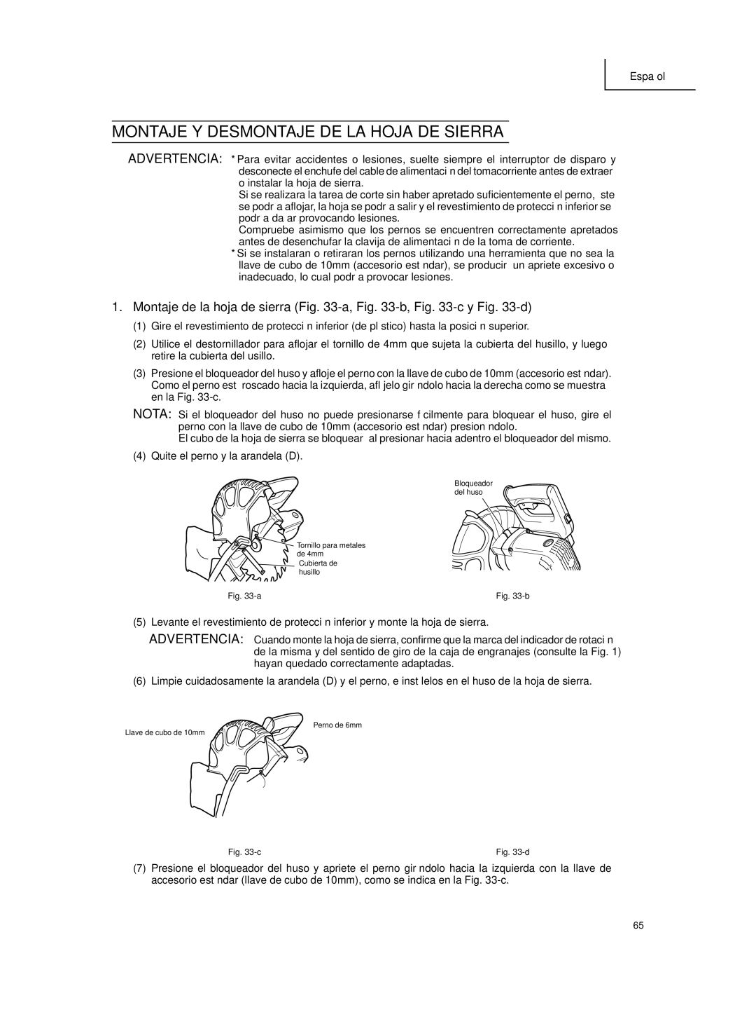 Hitachi C 10FCE instruction manual Montaje Y Desmontaje DE LA Hoja DE Sierra, Montaje de la hoja de sierra -a, -b, -c y -d 