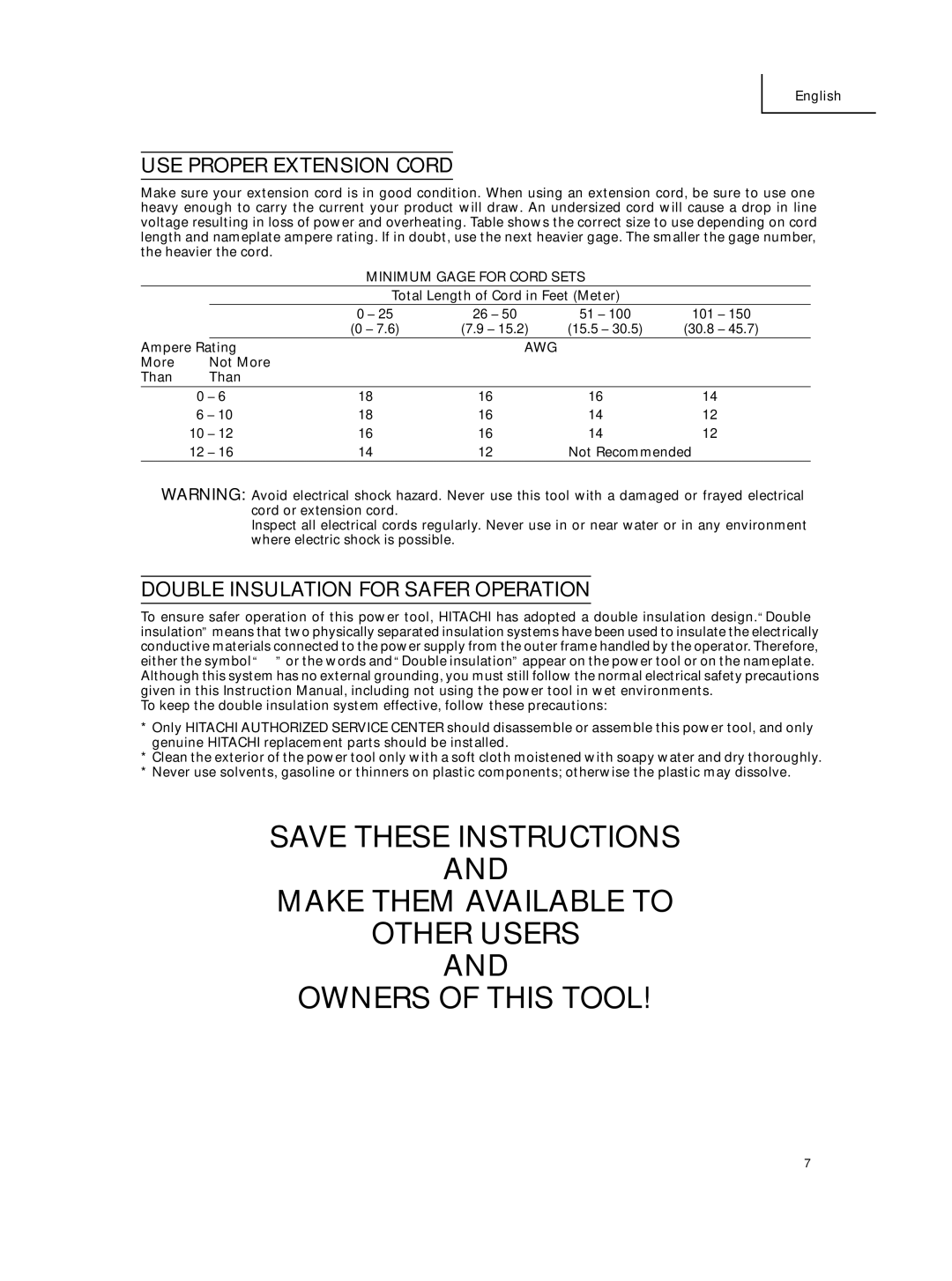 Hitachi C 10FCE instruction manual USE Proper Extension Cord, Double Insulation for Safer Operation 