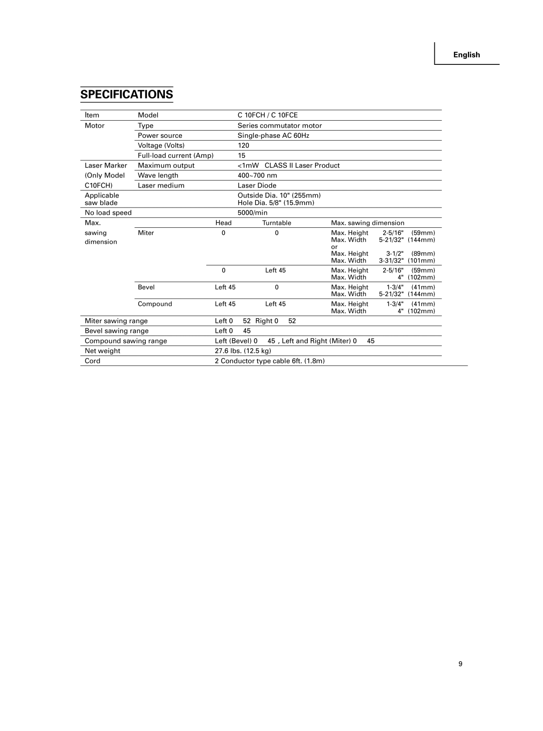 Hitachi C 10FCE instruction manual Specifications, C10FCH 