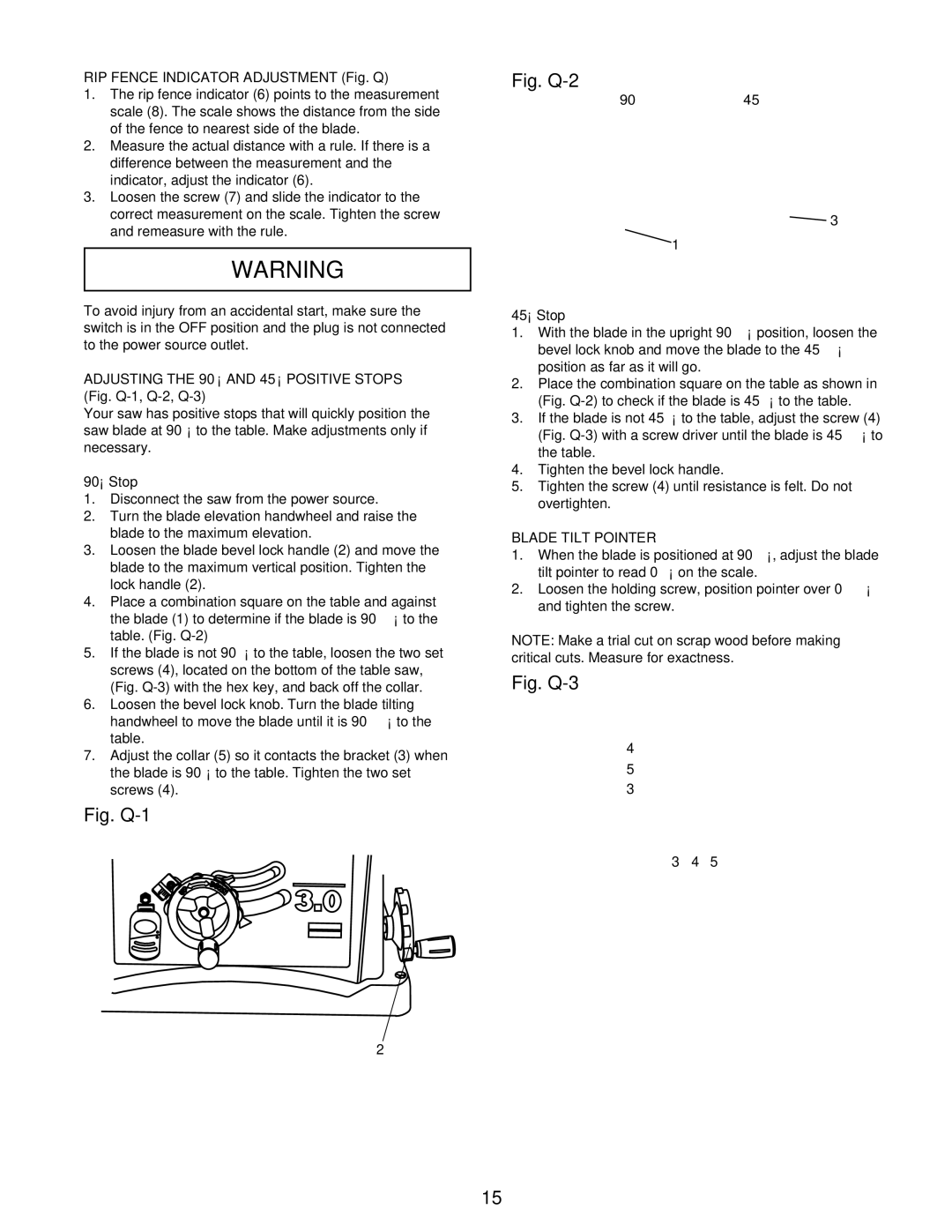 Hitachi C 10FR RIP Fence Indicator Adjustment Fig. Q, Adjusting the 90 and 45 Positive Stops Fig. Q-1, Q-2, Q-3 