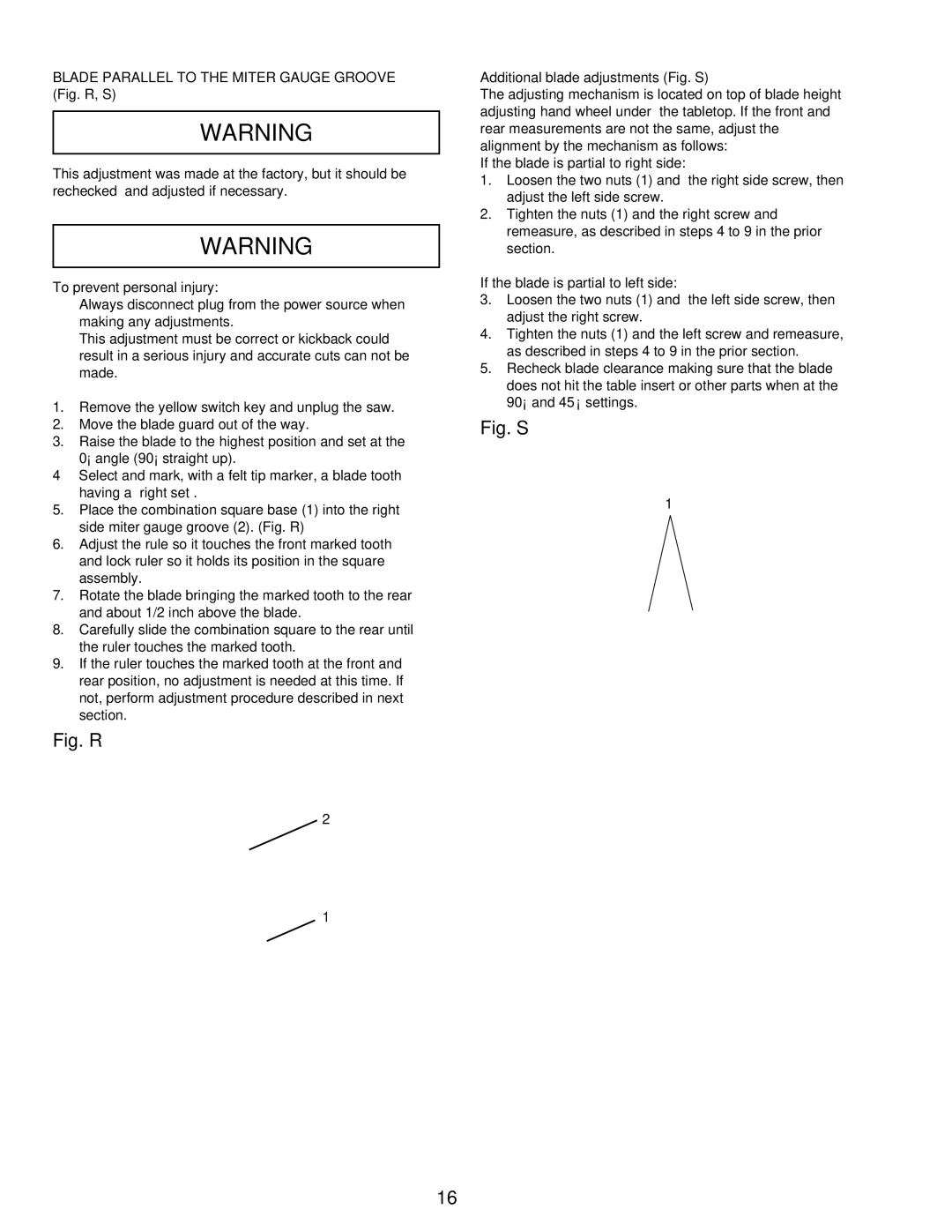 Hitachi C 10FR instruction manual Blade Parallel to the Miter Gauge Groove Fig. R, S, Additional blade adjustments Fig. S 