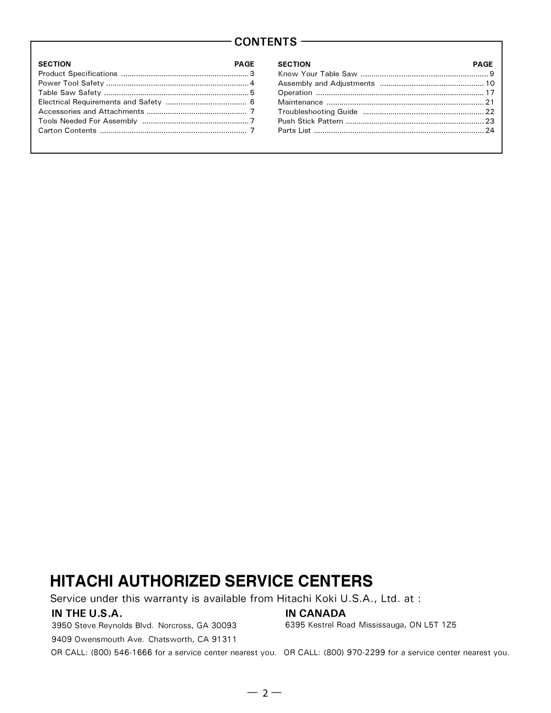 Hitachi C 10FR instruction manual Hitachi Authorized Service Centers 