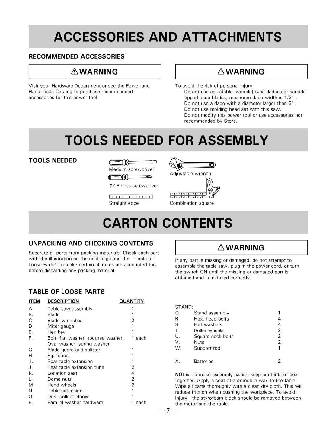 Hitachi C 10FR instruction manual Accessories and Attachments, Tools Needed for Assembly, Carton Contents 