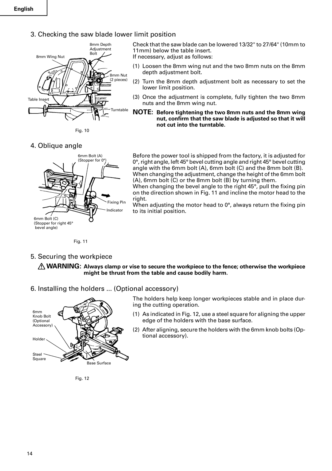 Hitachi C 10FS instruction manual Checking the saw blade lower limit position, Oblique angle, Securing the workpiece 