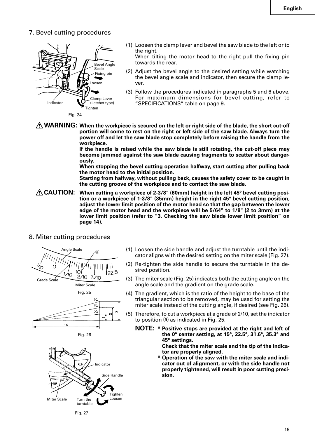 Hitachi C 10FS instruction manual Bevel cutting procedures, Miter cutting procedures 