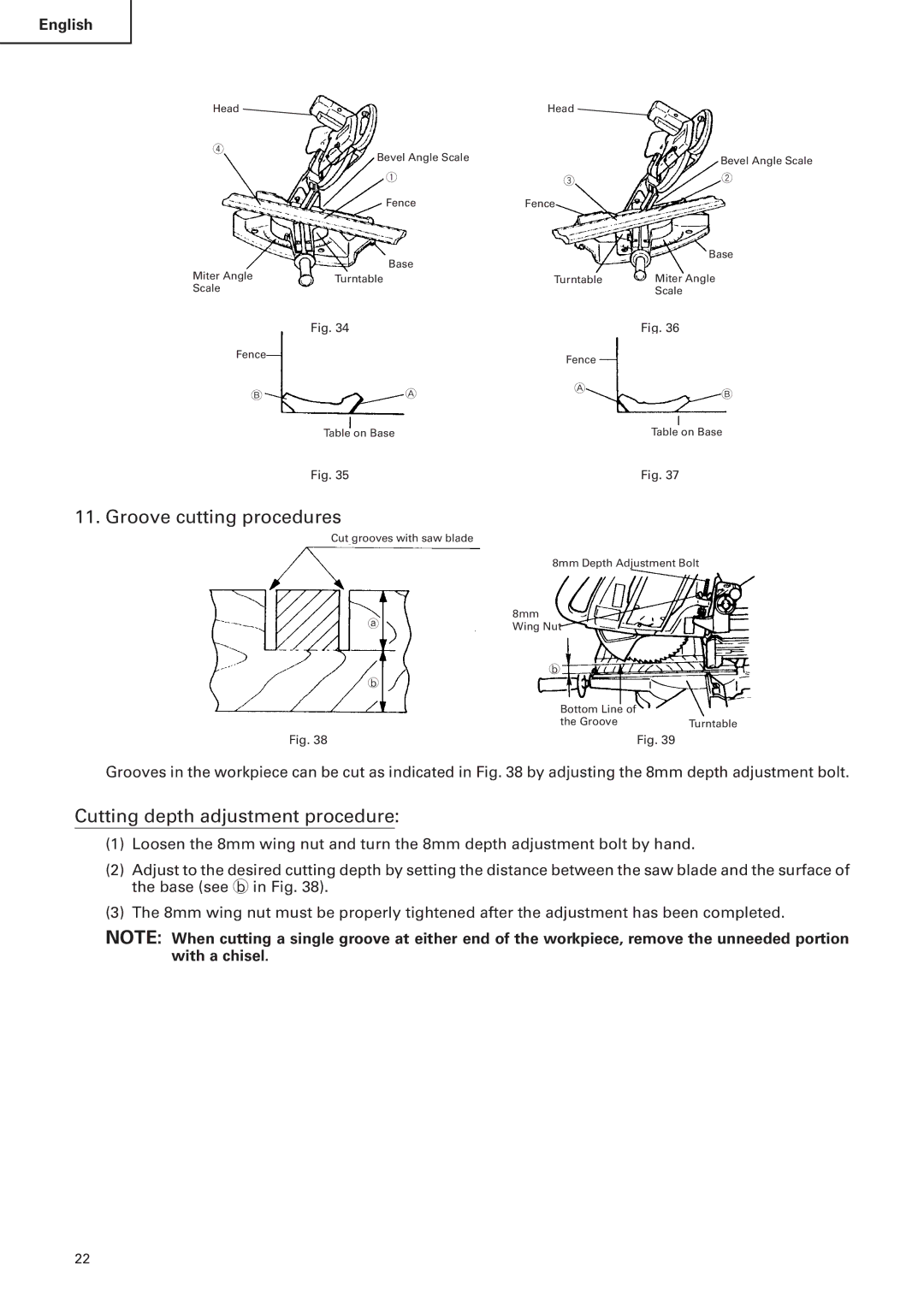 Hitachi C 10FS instruction manual Groove cutting procedures, Cutting depth adjustment procedure 