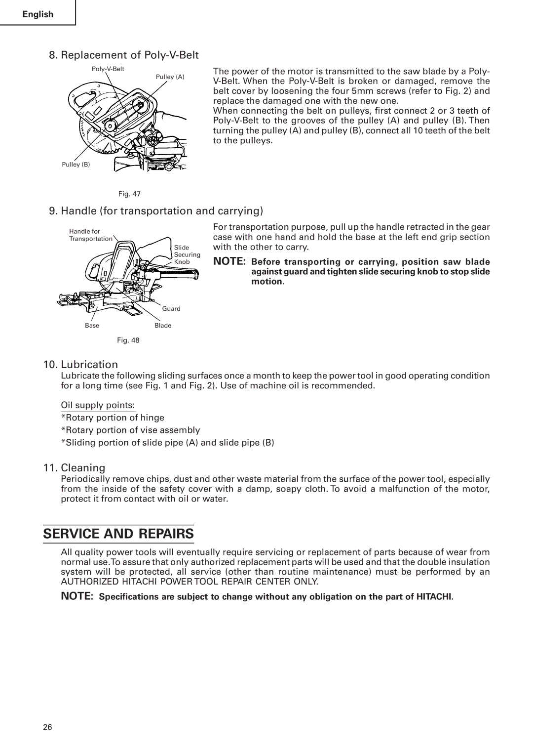 Hitachi C 10FS Service and Repairs, Replacement of Poly-V-Belt, Handle for transportation and carrying, Lubrication 