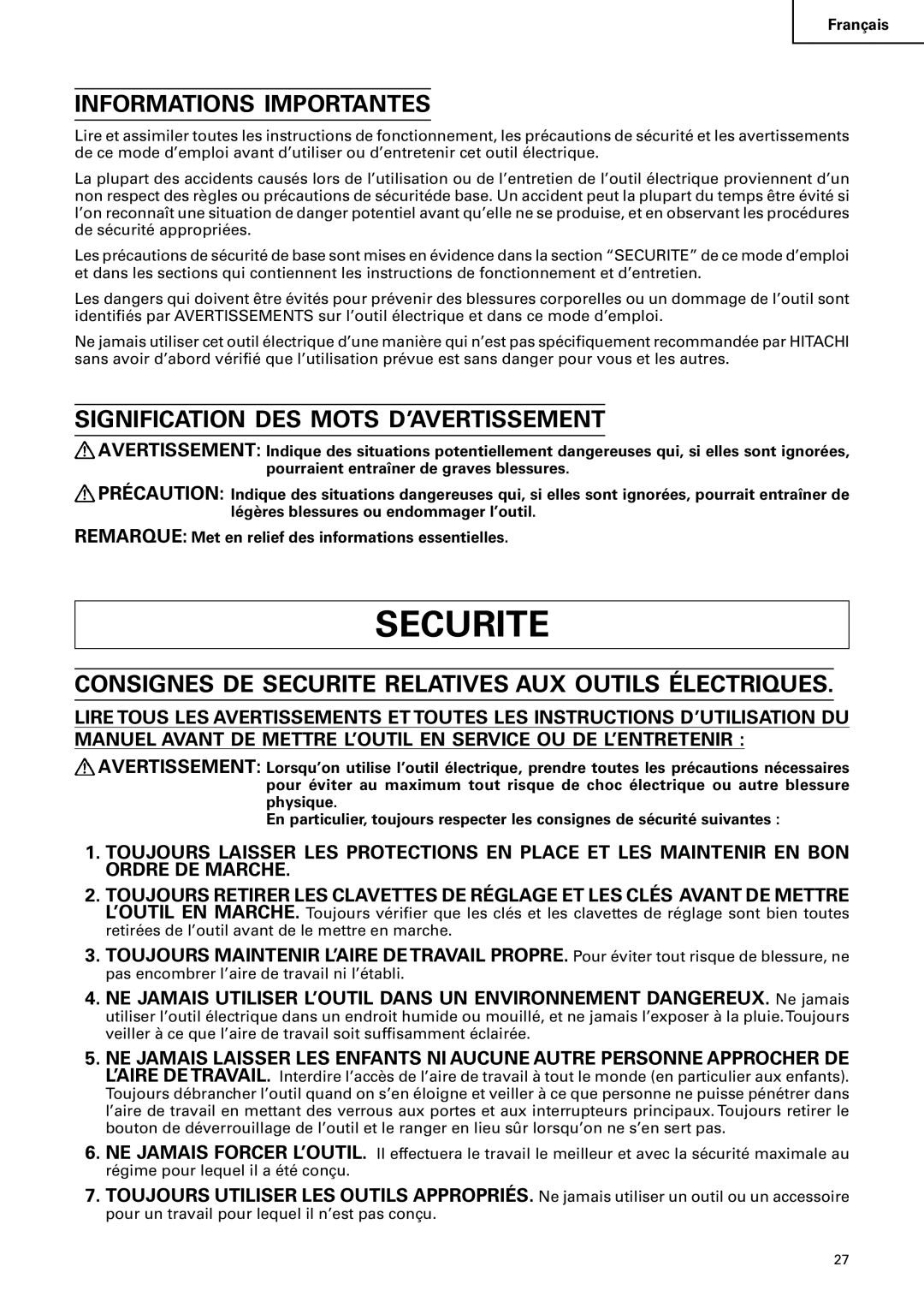 Hitachi C 10FS instruction manual Informations Importantes, Signification DES Mots D’AVERTISSEMENT 