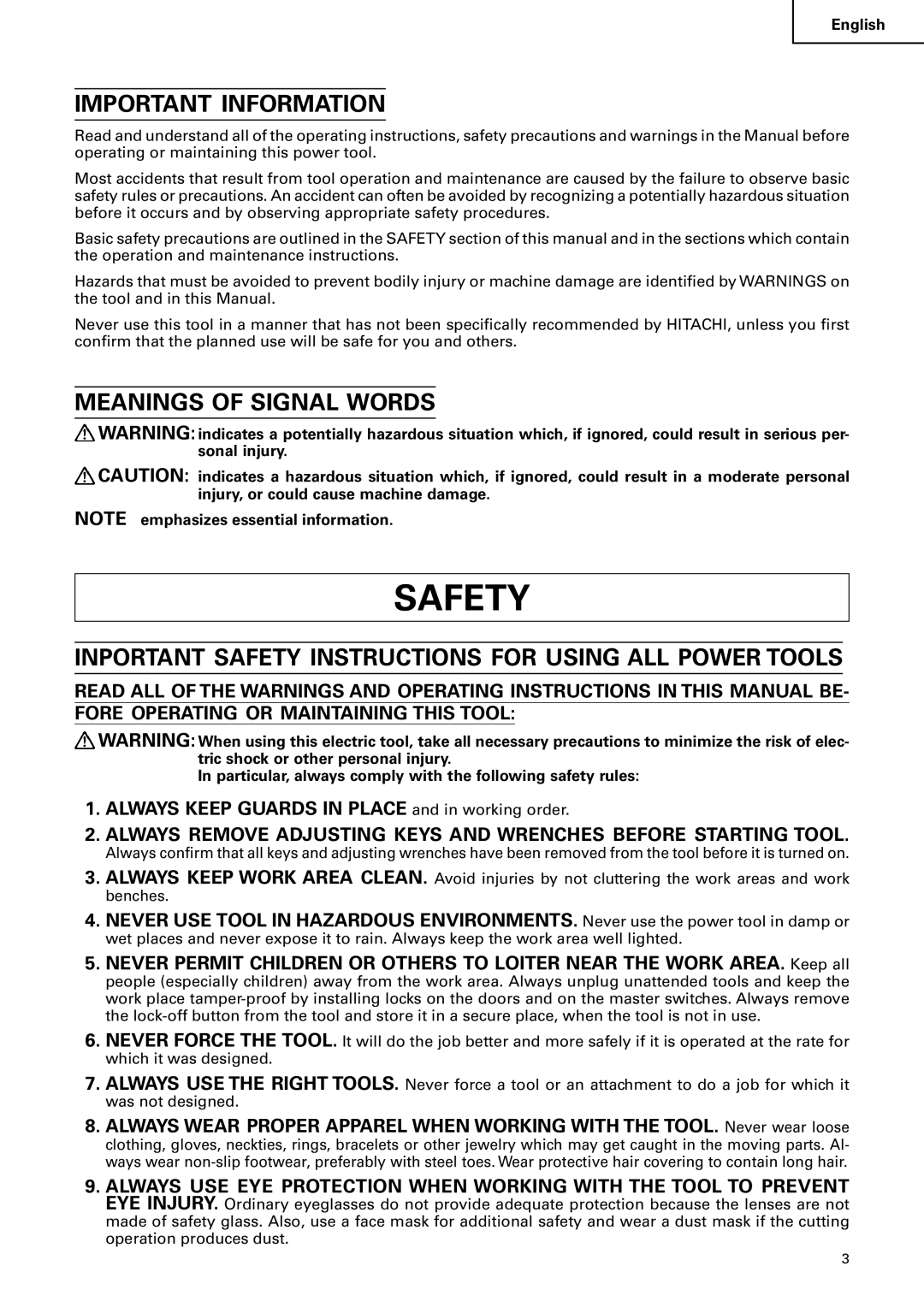 Hitachi C 10FS Important Information, Meanings of Signal Words, Inportant Safety Instructions for Using ALL Power Tools 