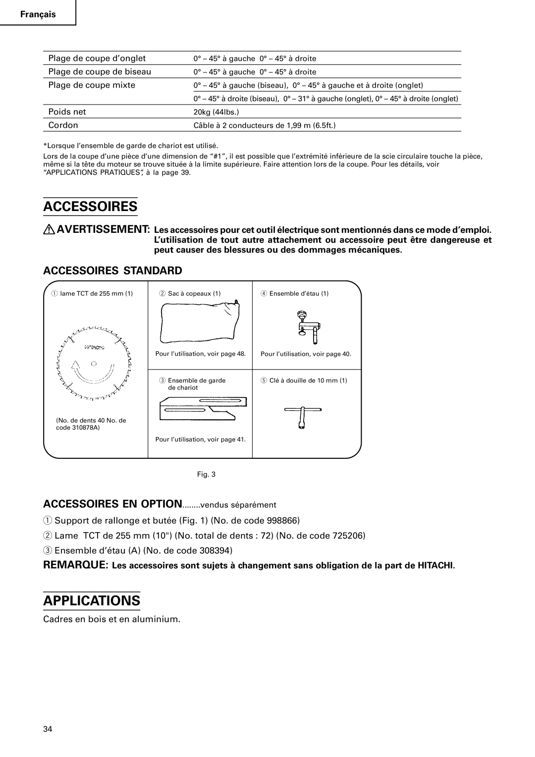 Hitachi C 10FS instruction manual Accessoires, Plage de coupe mixte 