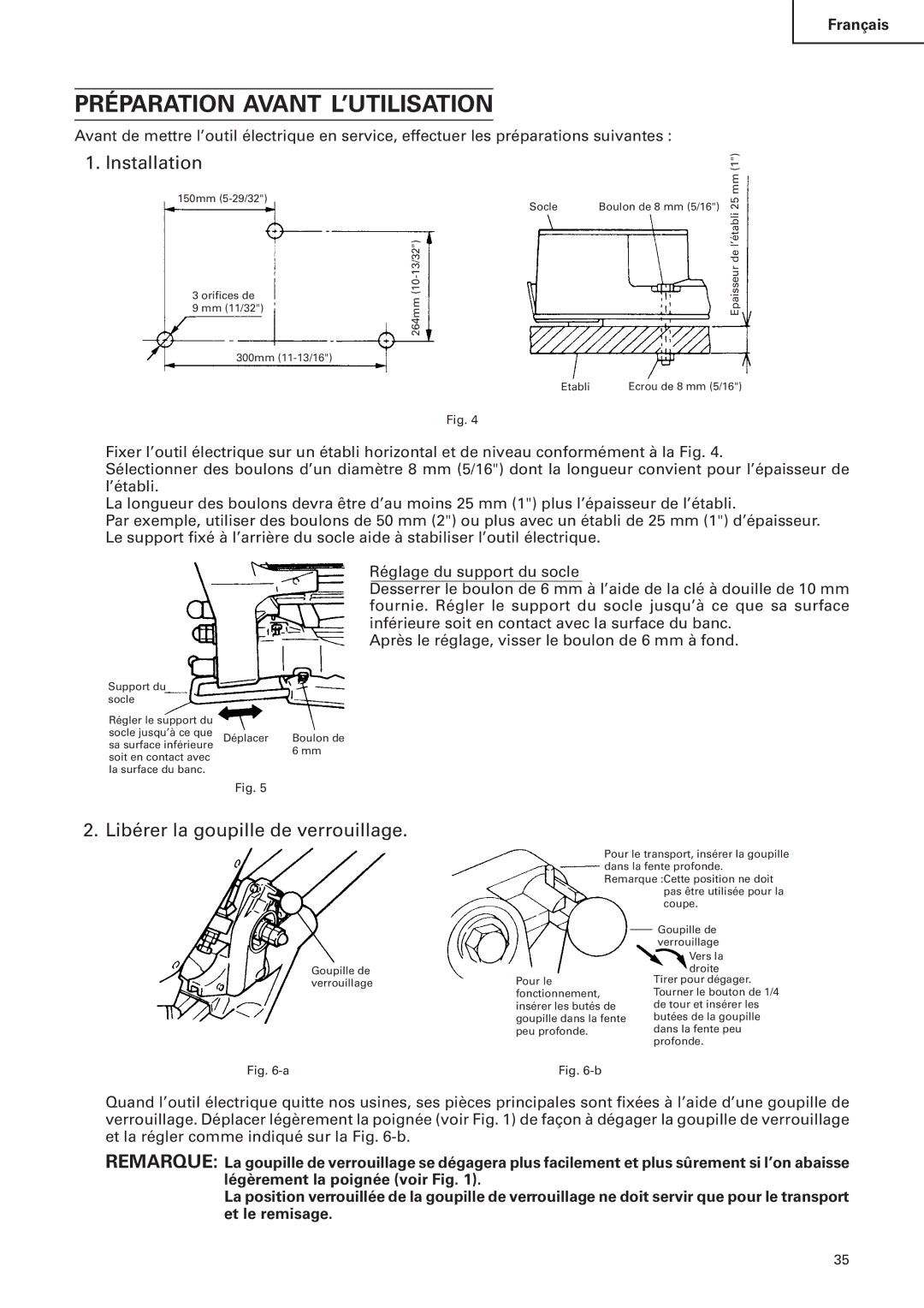 Hitachi C 10FS instruction manual Préparation Avant L’UTILISATION, Libérer la goupille de verrouillage 