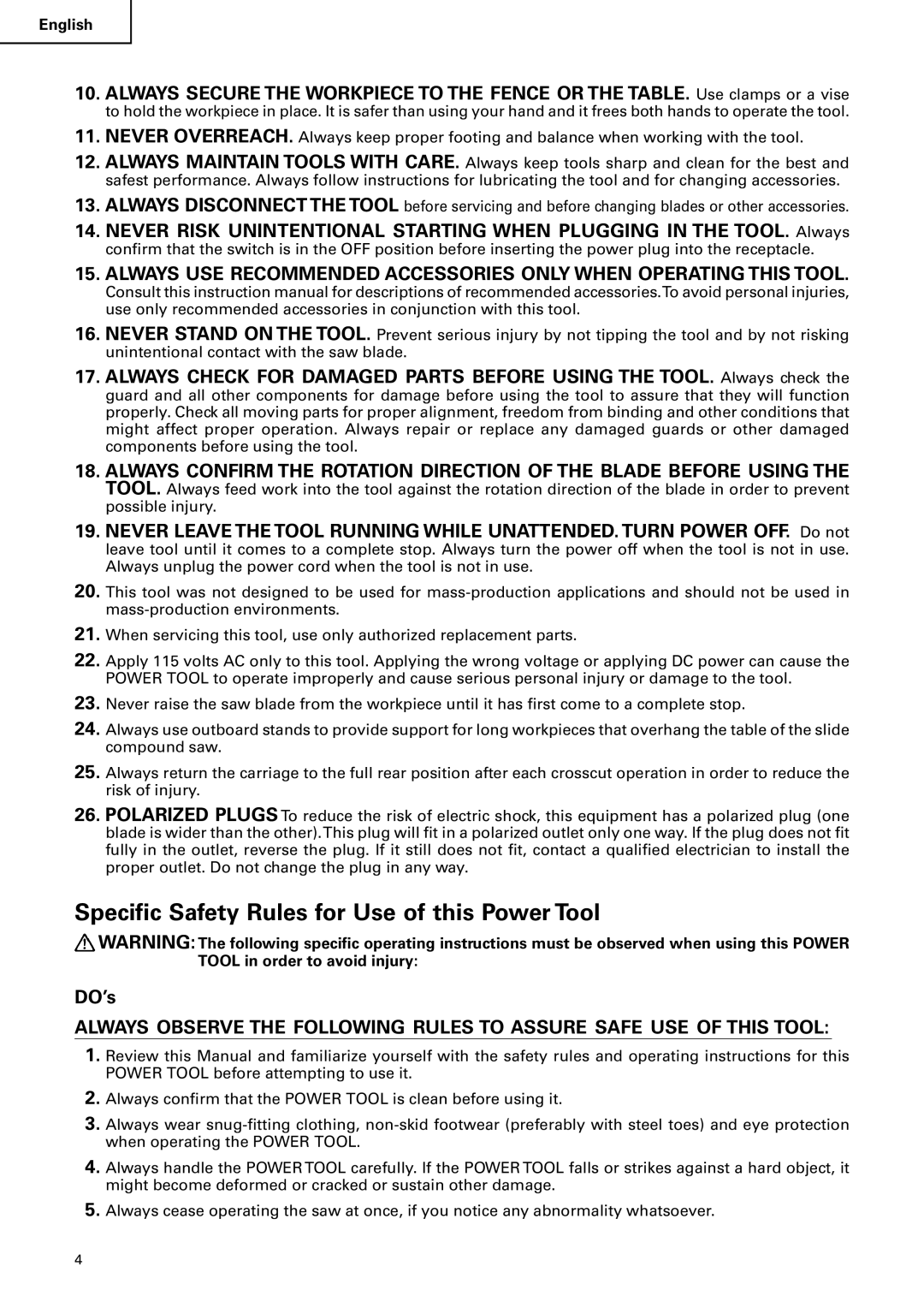 Hitachi C 10FS instruction manual Specific Safety Rules for Use of this Power Tool 