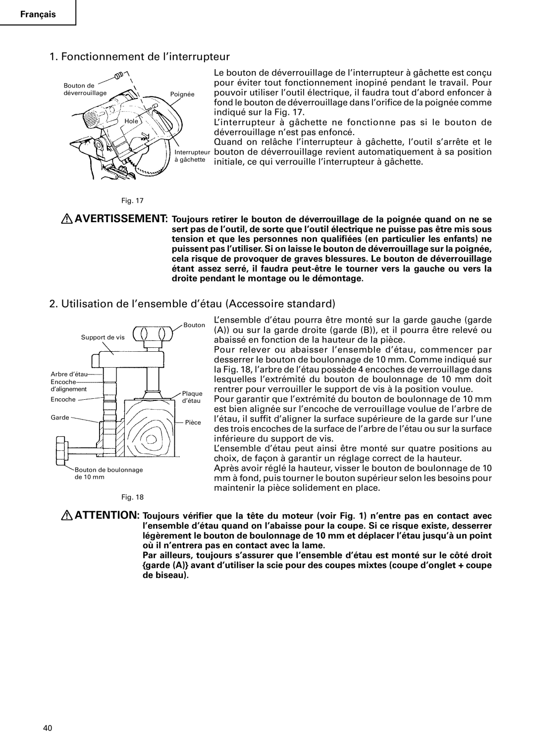 Hitachi C 10FS instruction manual Fonctionnement de l’interrupteur, Utilisation de l’ensemble d’étau Accessoire standard 