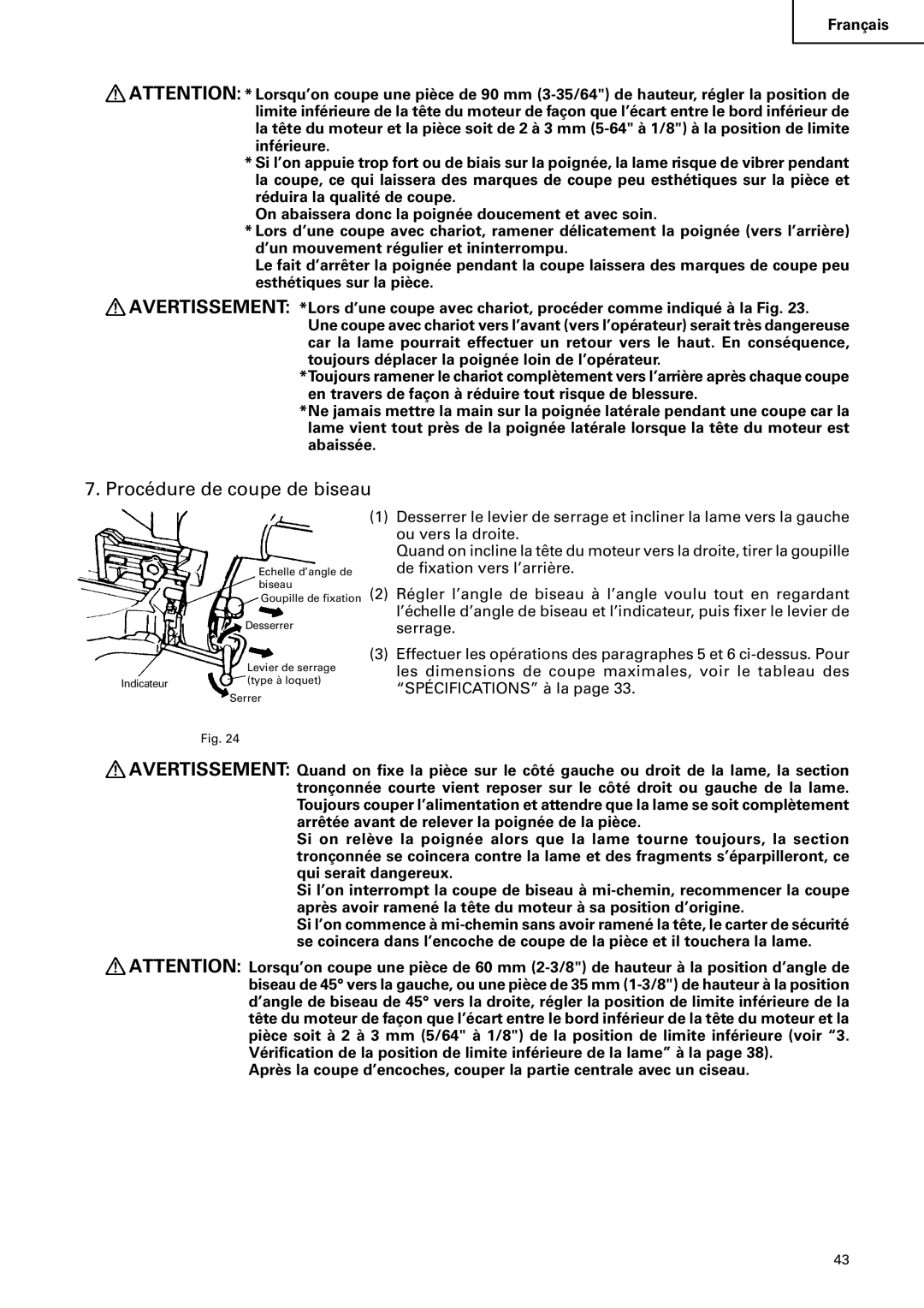 Hitachi C 10FS instruction manual Procédure de coupe de biseau 