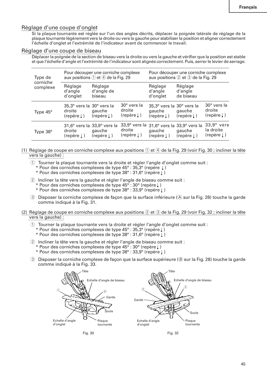 Hitachi C 10FS instruction manual Réglage d’une coupe d’onglet, Réglage d’une coupe de biseau 