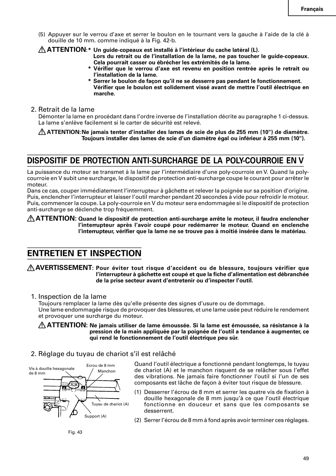 Hitachi C 10FS instruction manual Entretien ET Inspection, Retrait de la lame, Inspection de la lame 