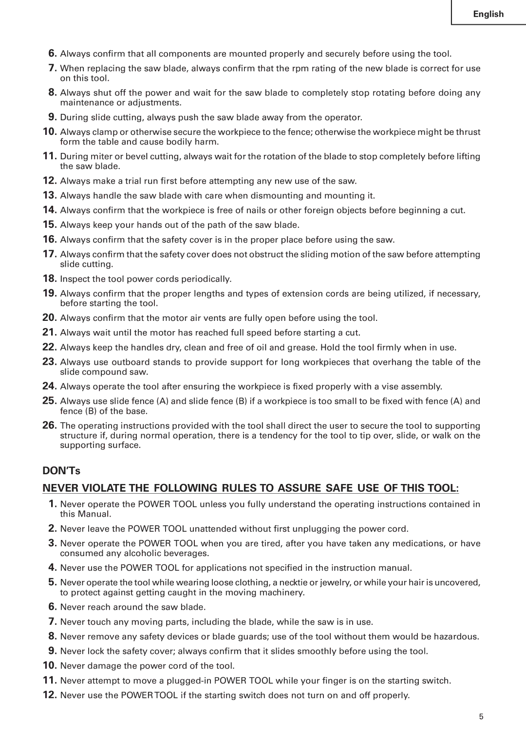 Hitachi C 10FS instruction manual DON’Ts 