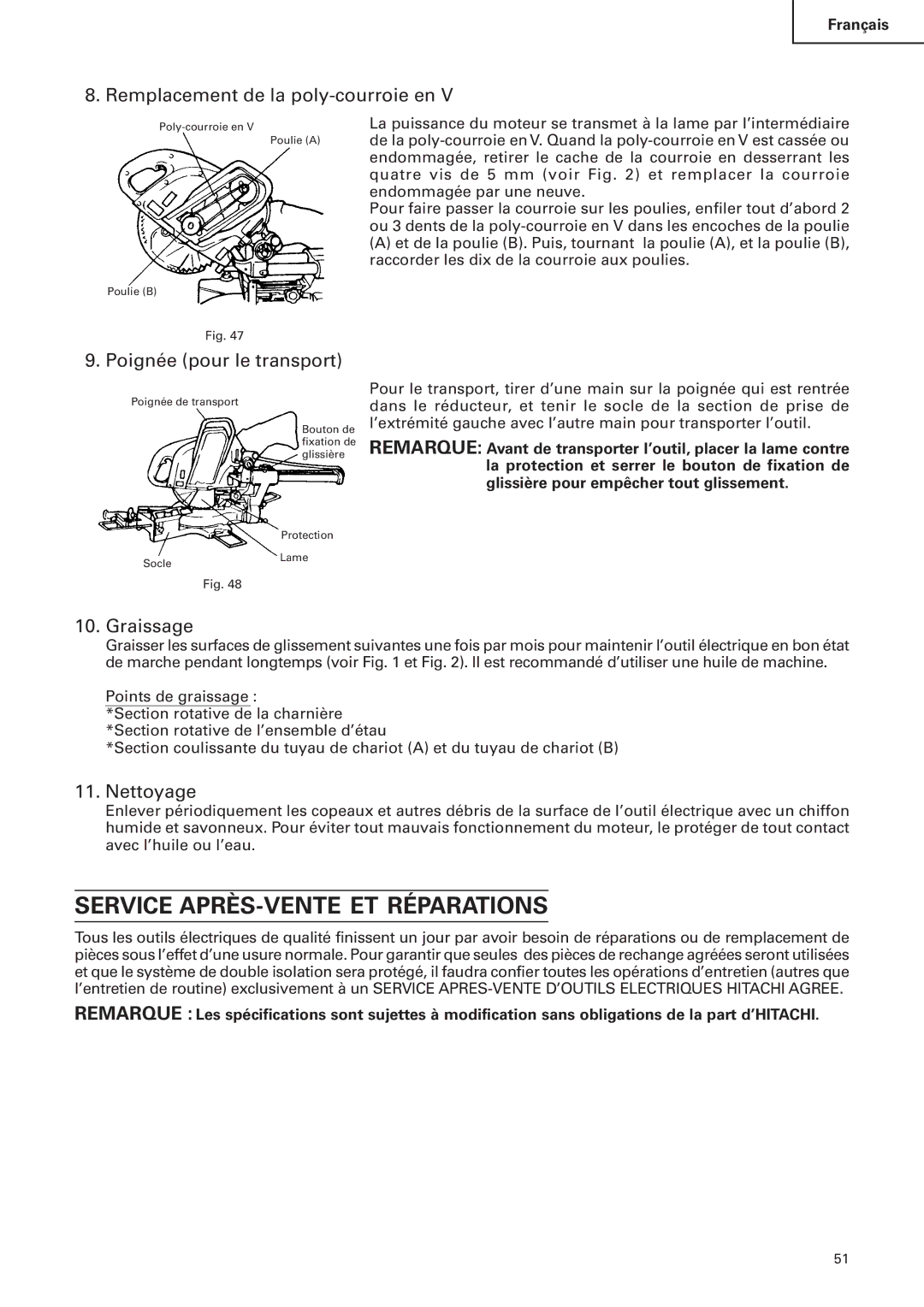 Hitachi C 10FS Service APRÈS-VENTE ET Réparations, Remplacement de la poly-courroie en, Poignée pour le transport 