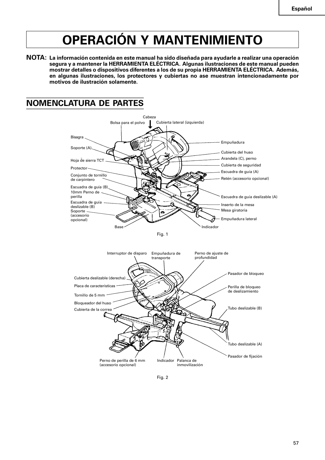 Hitachi C 10FS instruction manual Operación Y Mantenimiento, Nomenclatura DE Partes 