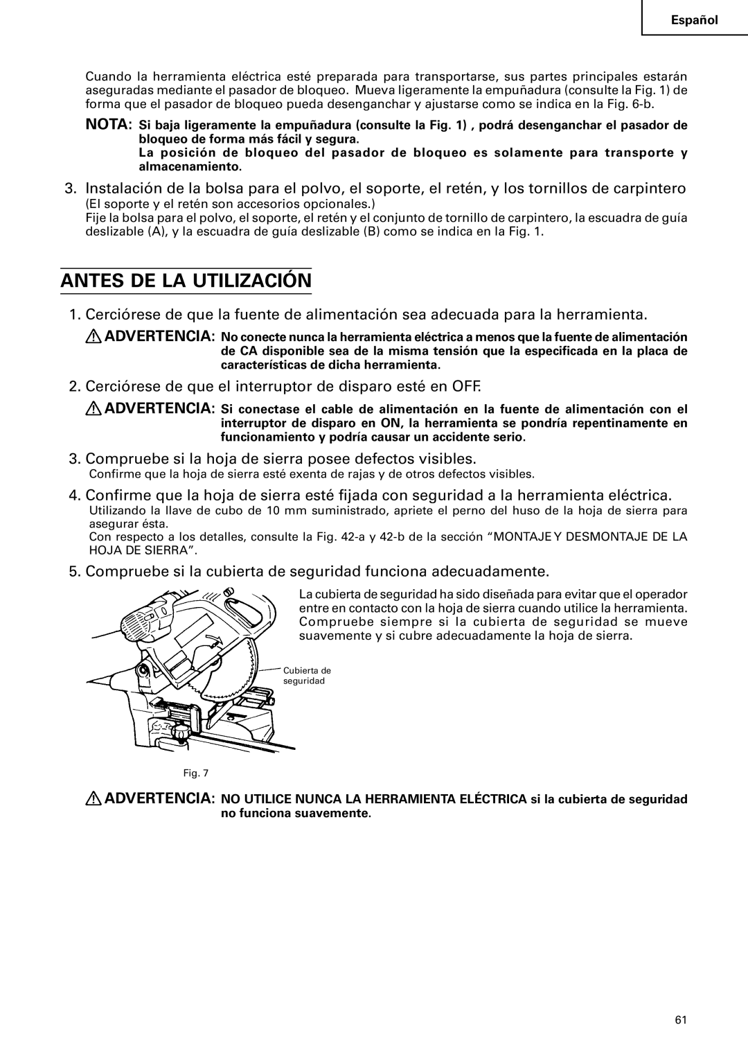 Hitachi C 10FS instruction manual Antes DE LA Utilización, Cerciórese de que el interruptor de disparo esté en OFF 