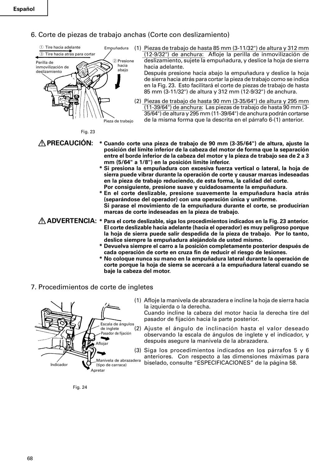 Hitachi C 10FS Corte de piezas de trabajo anchas Corte con deslizamiento, Procedimientos de corte de ingletes 