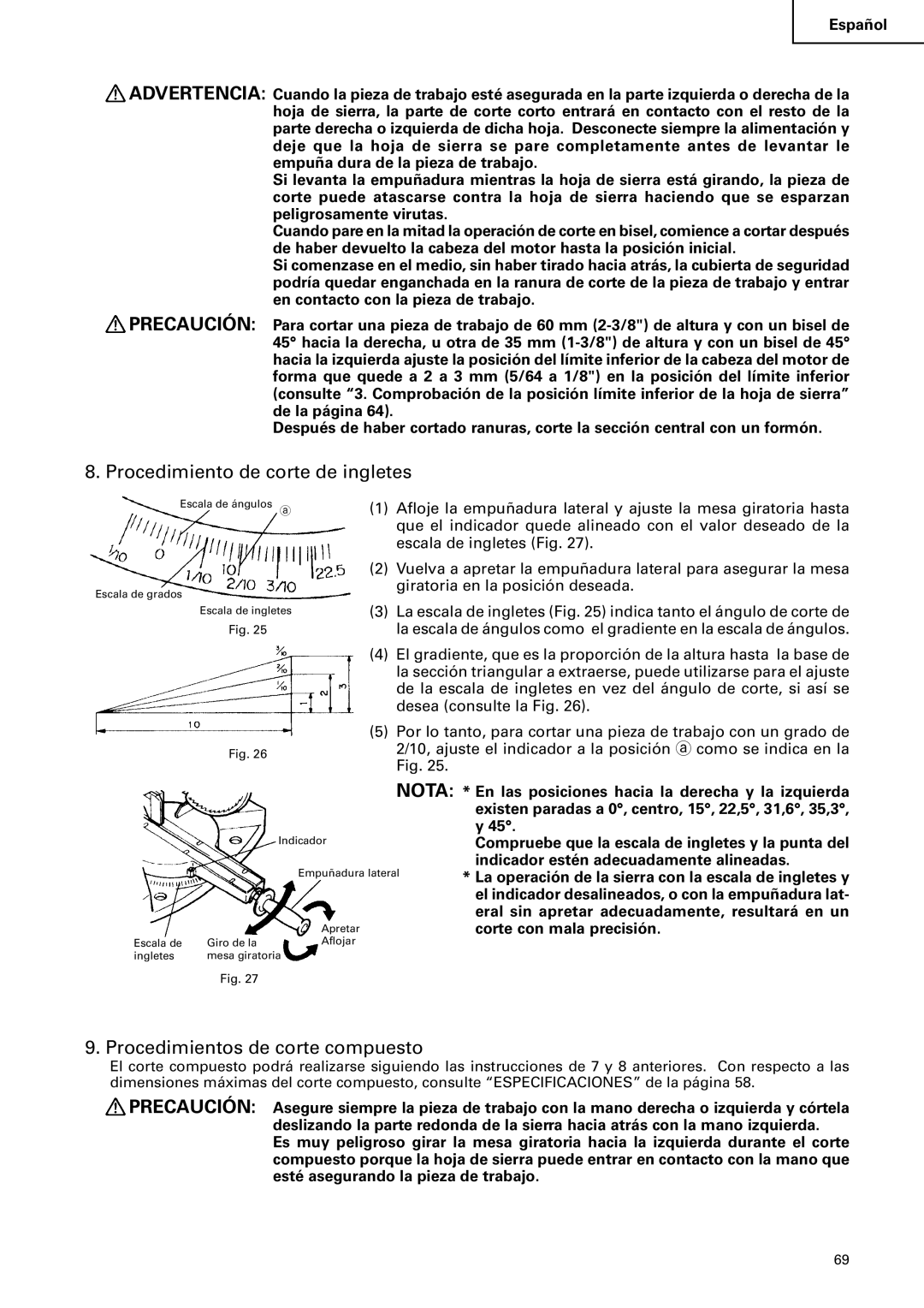 Hitachi C 10FS instruction manual Procedimiento de corte de ingletes, Procedimientos de corte compuesto 