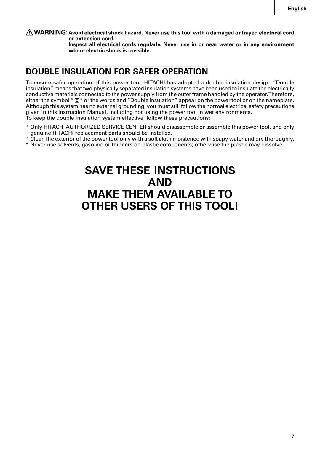 Hitachi C 10FS instruction manual Double Insulation for Safer Operation 